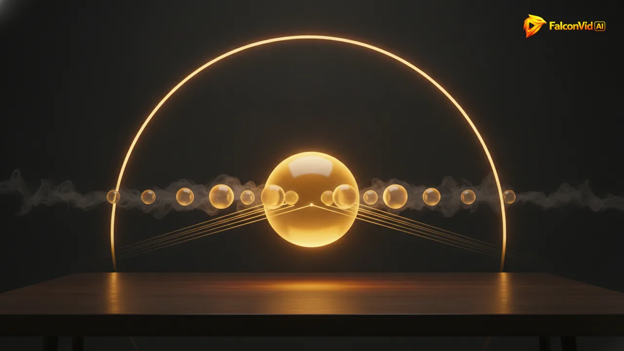 Eight golden orbs merging into one larger glowing orb while duplicates dissolve into smoke