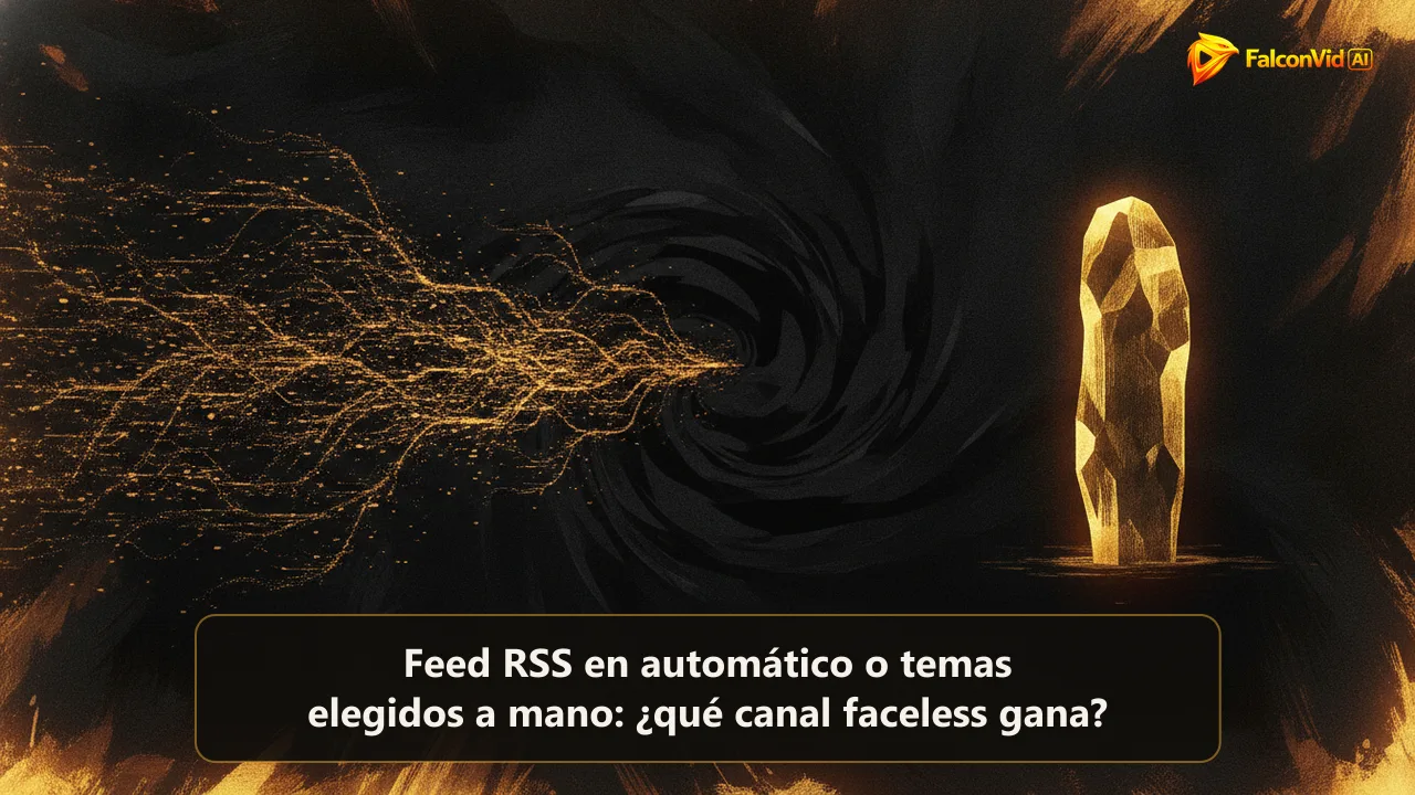 Ilustración editorial abstracta de dos flujos de luz dorada que representan la fuente automática y la manual de videos, sobre fondo carbón oscuro.