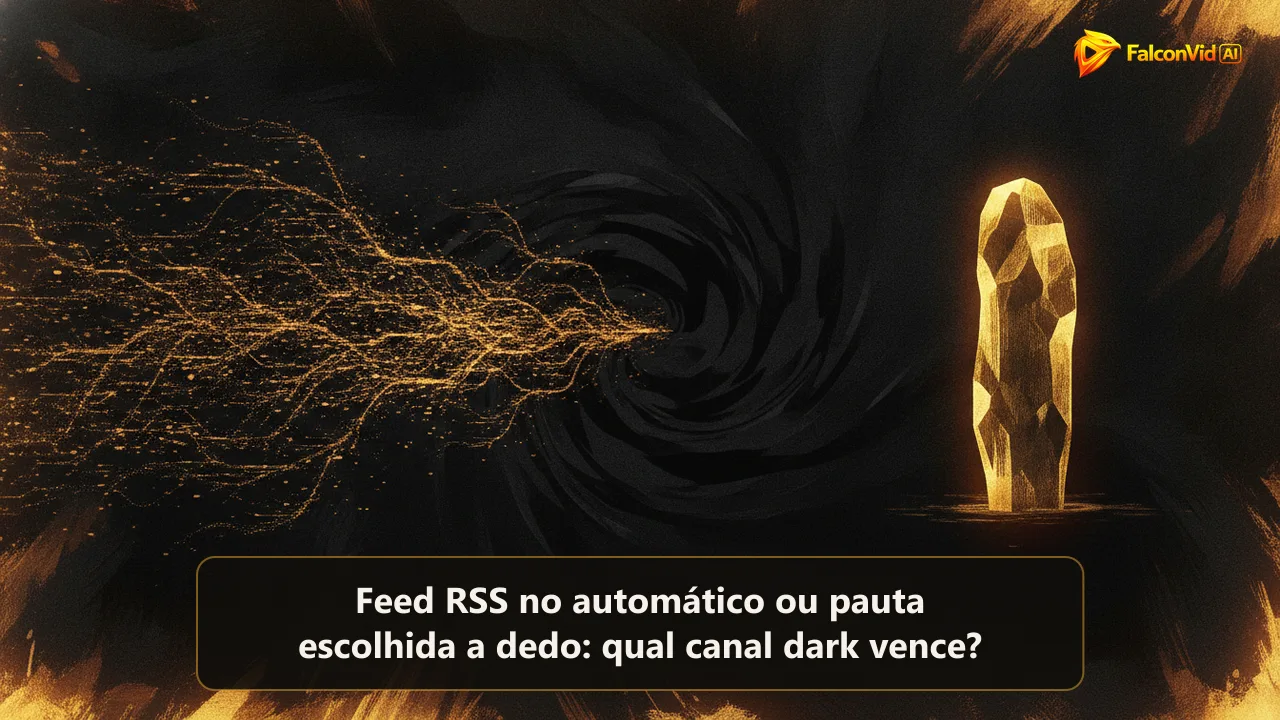 Ilustração editorial abstrata de dois fluxos de luz dourada representando a fonte automática e a manual de vídeos, sobre fundo carvão escuro.