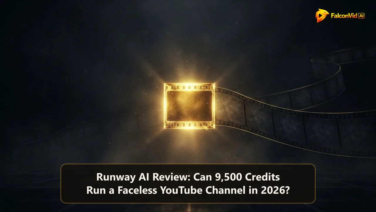 A single brilliant golden film frame glowing in the dark beside a long empty film strip of dim frames still waiting to be filled, one hero clip against a whole video