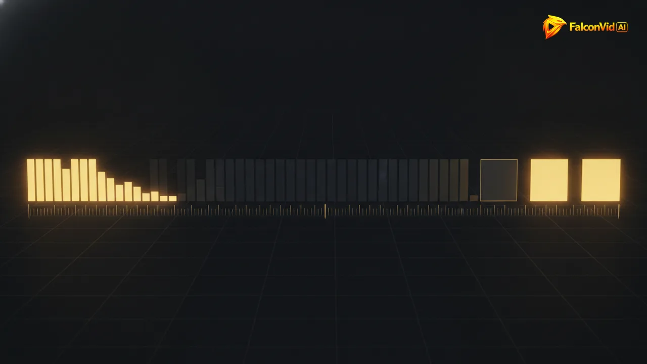 An editing timeline whose blocks change width, ten narrow glowing blocks at the start and three wide calm blocks near the end.