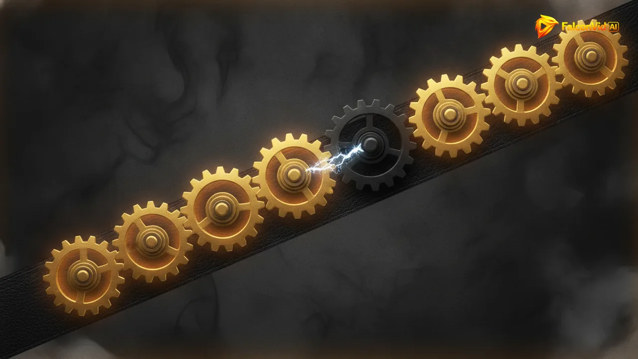 Seven golden gears on a single belt, six of them turning and lit while one sits still and dark with a weak spark at the jam.