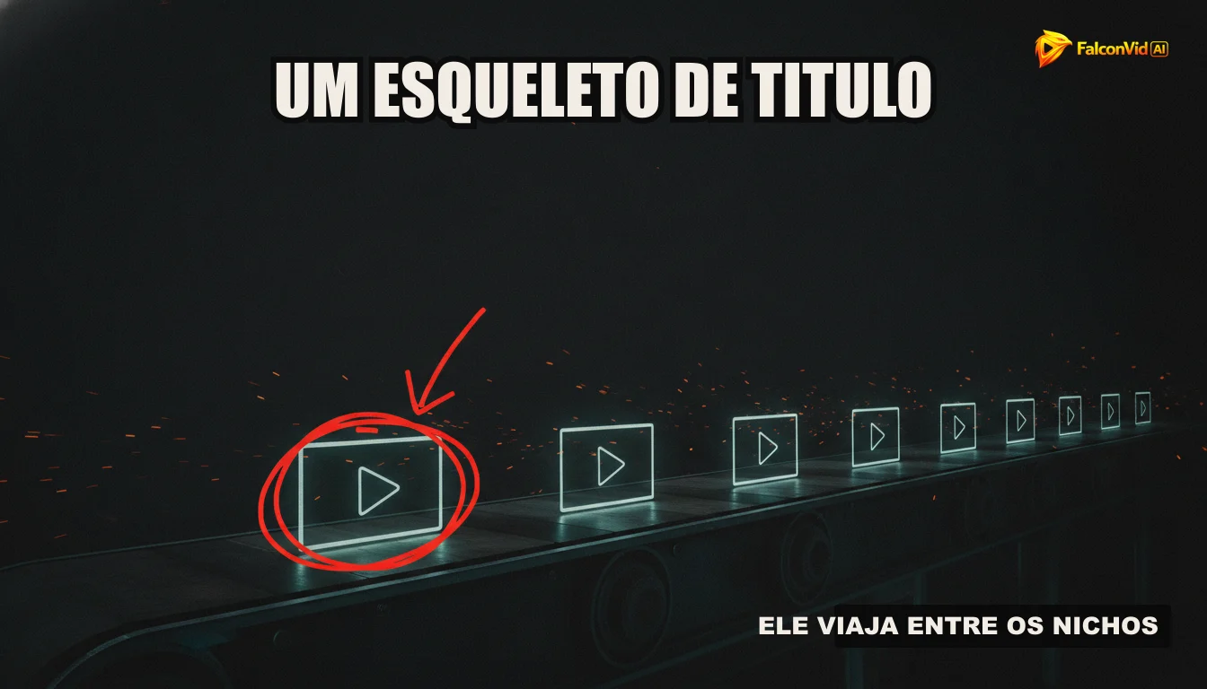 Uma ilustração de uma linha de produção automatizada criando vídeos, com engrenagens e robôs trabalhando em pesquisa, roteiro, narração e edição.