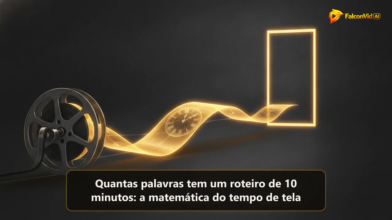 Uma fita de luz dourada se desenrolando de um rolo em direção a um quadro retangular aceso, com um mostrador de relógio translúcido dentro da fita.