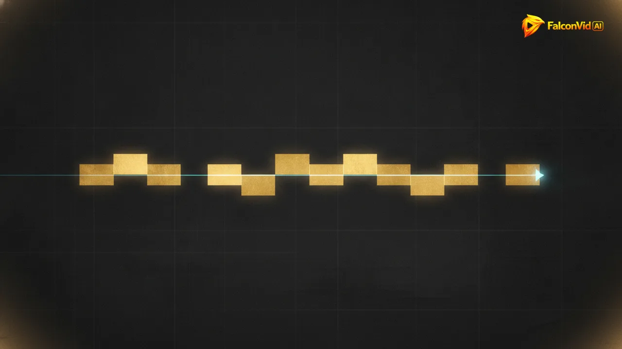 A horizontal timeline bar split into glowing golden blocks of different widths over a dark grid, with small dark gaps between the blocks.