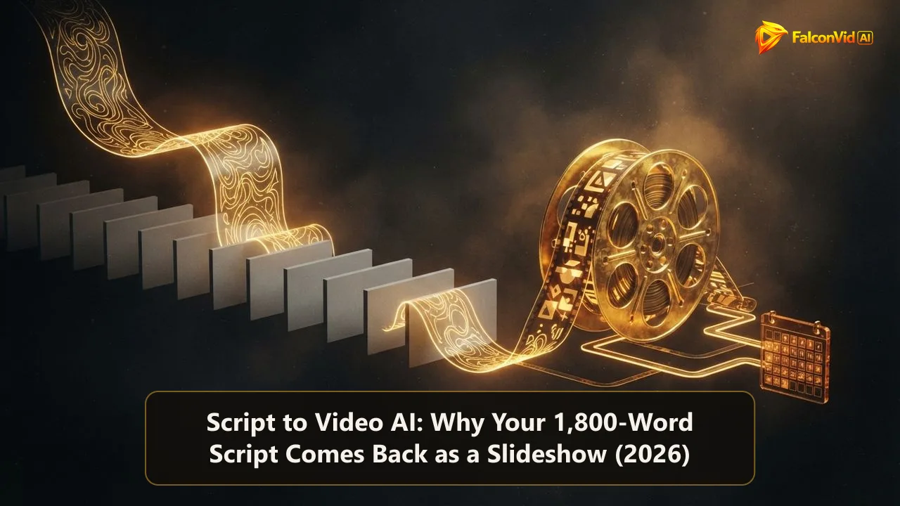 A golden scroll of text feeding a strip of identical grey slideshow tiles on one side and flowing into a rich layered golden film reel and a calendar on the other, the gap between a stock slideshow and a finished video