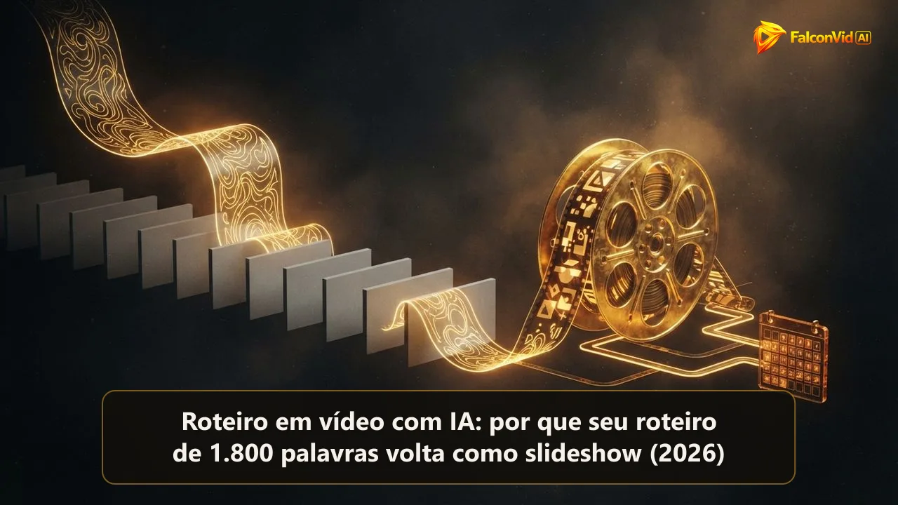 Um pergaminho dourado de texto alimentando uma faixa de quadros cinzas idênticos de slideshow de um lado e virando um rolo de filme dourado rico e em camadas com um calendário do outro, a distância entre um slideshow de banco e um vídeo pronto