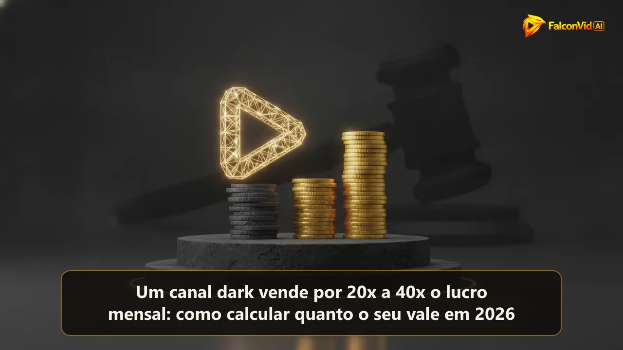 Um botão de play dourado aceso sobre um pedestal escuro de leilão, ao lado de uma pilha de moedas que sobe virando uma coluna dourada.