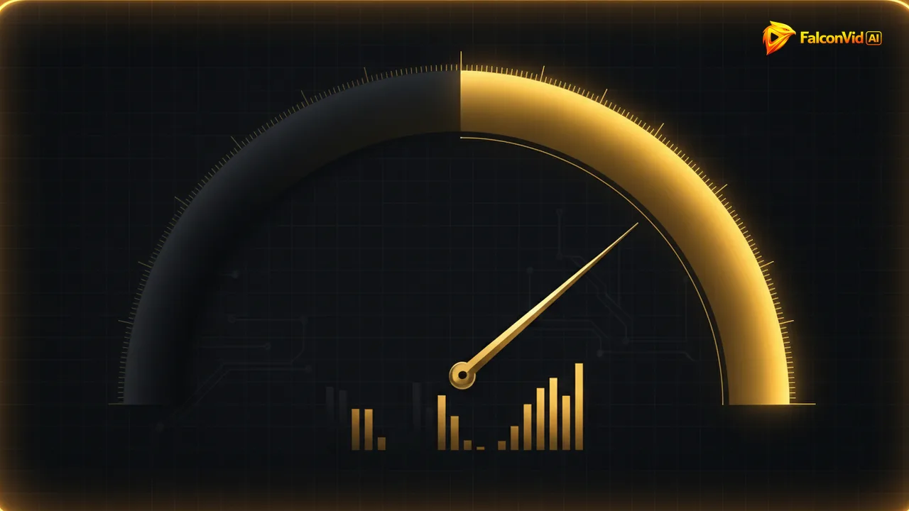 A golden gauge needle pointing past the middle of an arc that runs from a dim charcoal low end to a bright golden high end.