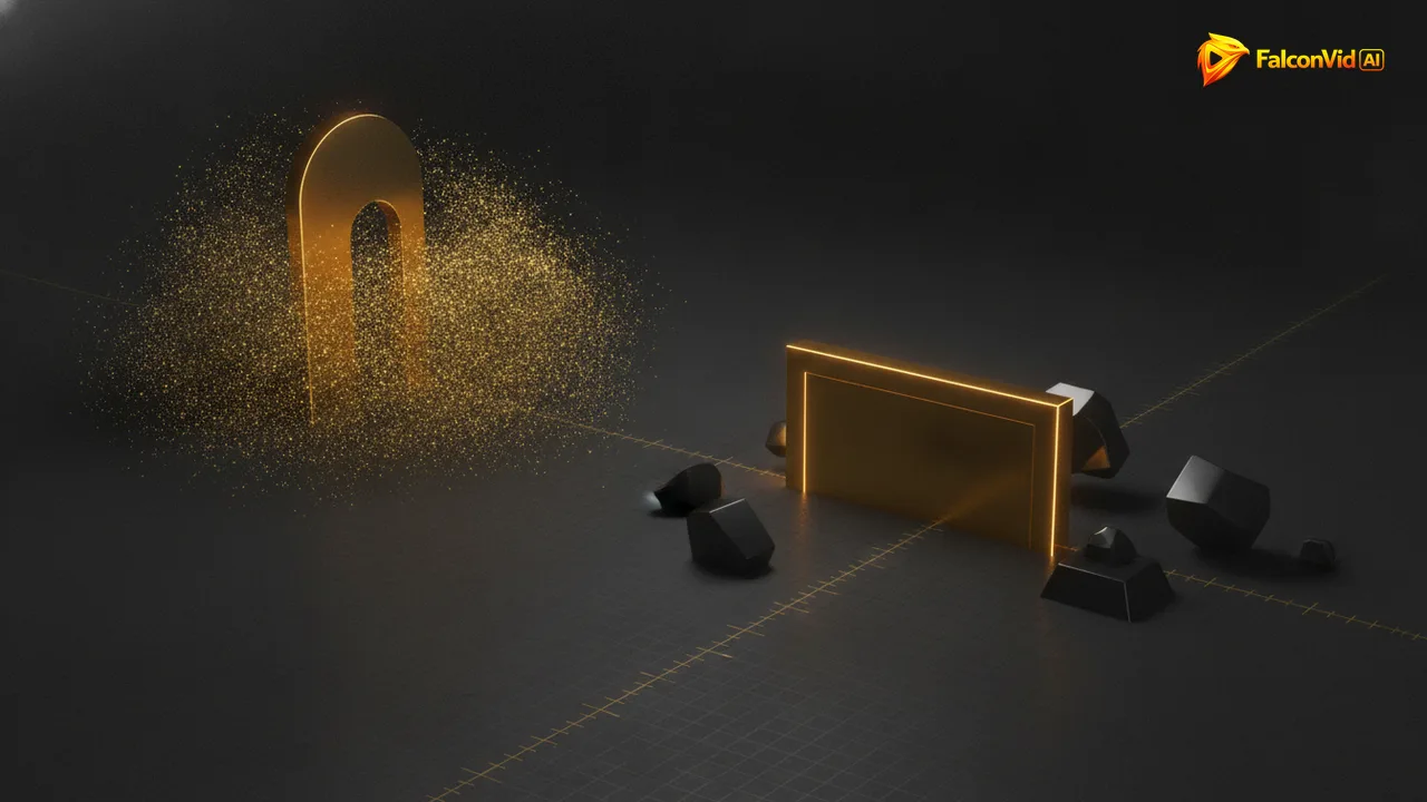 A narrow golden doorway crowded by a dense swarm of tiny particles beside a wide low doorway approached by only a few large blocks.