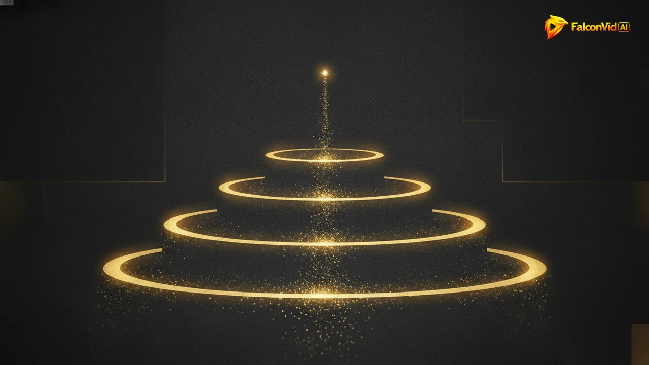 Three stepped rings of golden light expanding upward from a tiny core, with most particles falling away at the first ring.