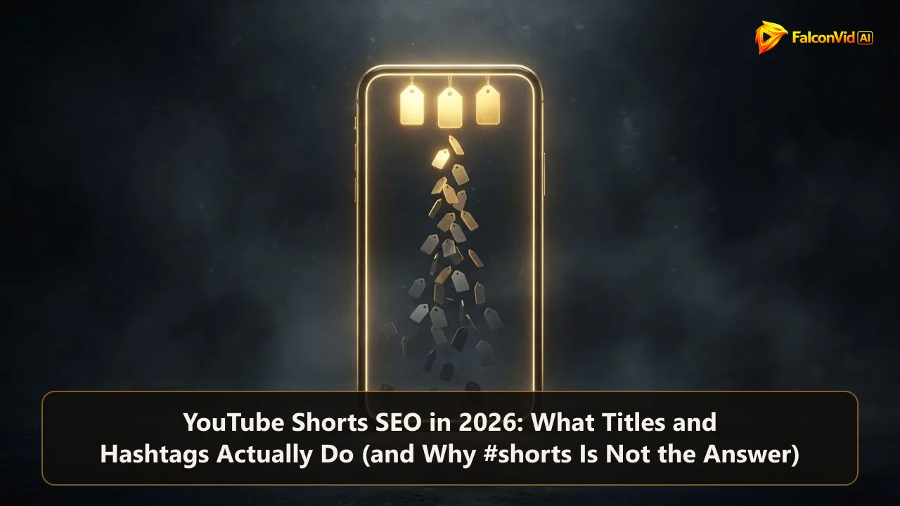 Golden vertical frame receiving three bright tag tokens while dozens of dim tokens fall away, illustrating YouTube Shorts SEO with titles and hashtags