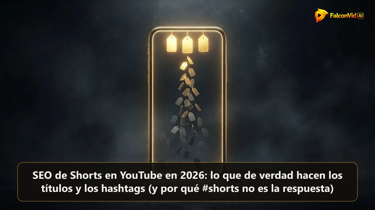 Marco vertical dorado que recibe tres etiquetas brillantes mientras decenas de etiquetas apagadas caen, ilustrando el SEO de Shorts en YouTube con títulos y hashtags