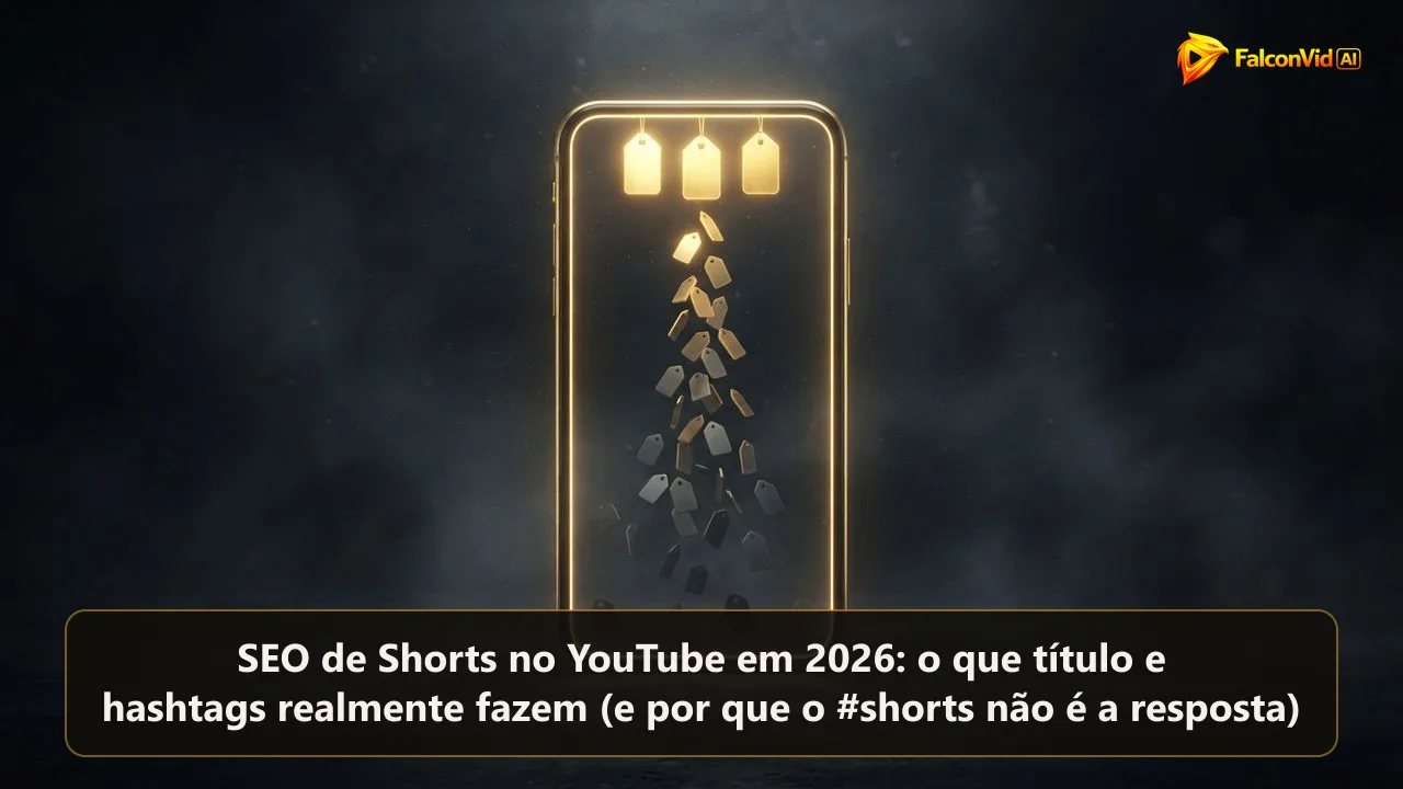 Moldura vertical dourada recebendo três etiquetas brilhantes enquanto dezenas de etiquetas apagadas caem, ilustrando SEO de Shorts no YouTube com títulos e hashtags