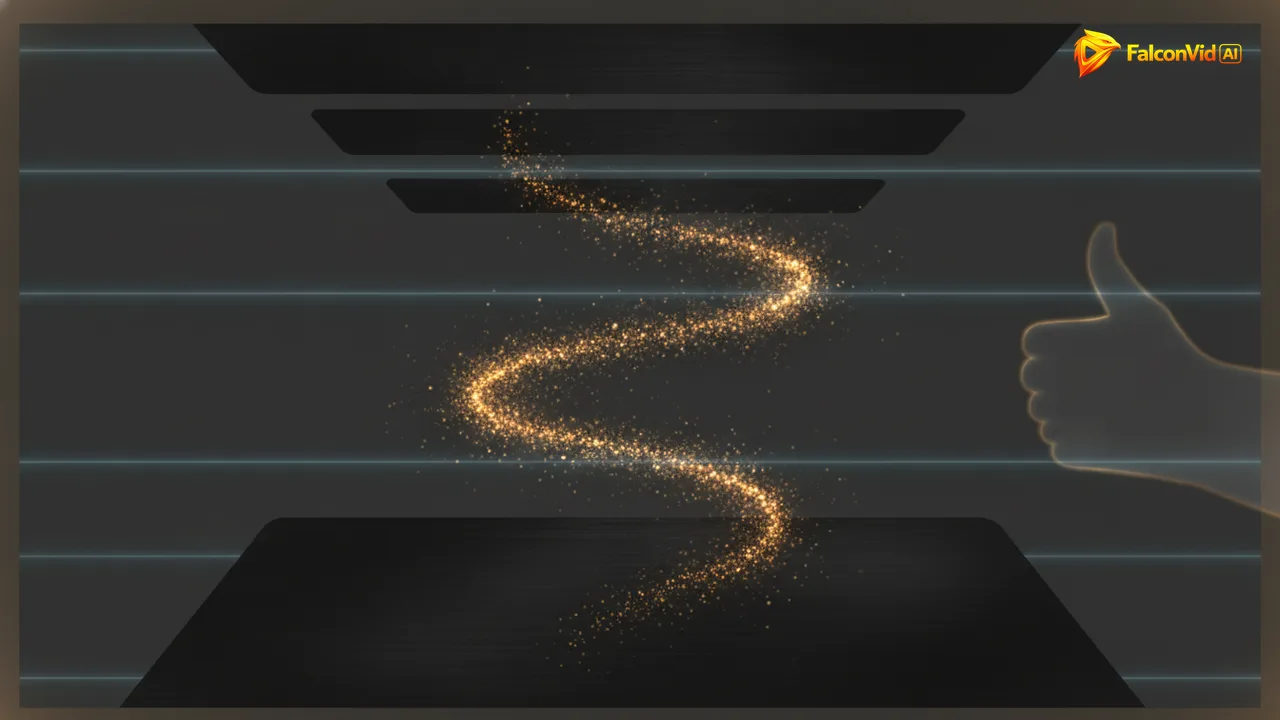 A vertical rectangle with dark bands at the top and bottom and a ribbon of golden particles floating clear of both, in the lower middle.