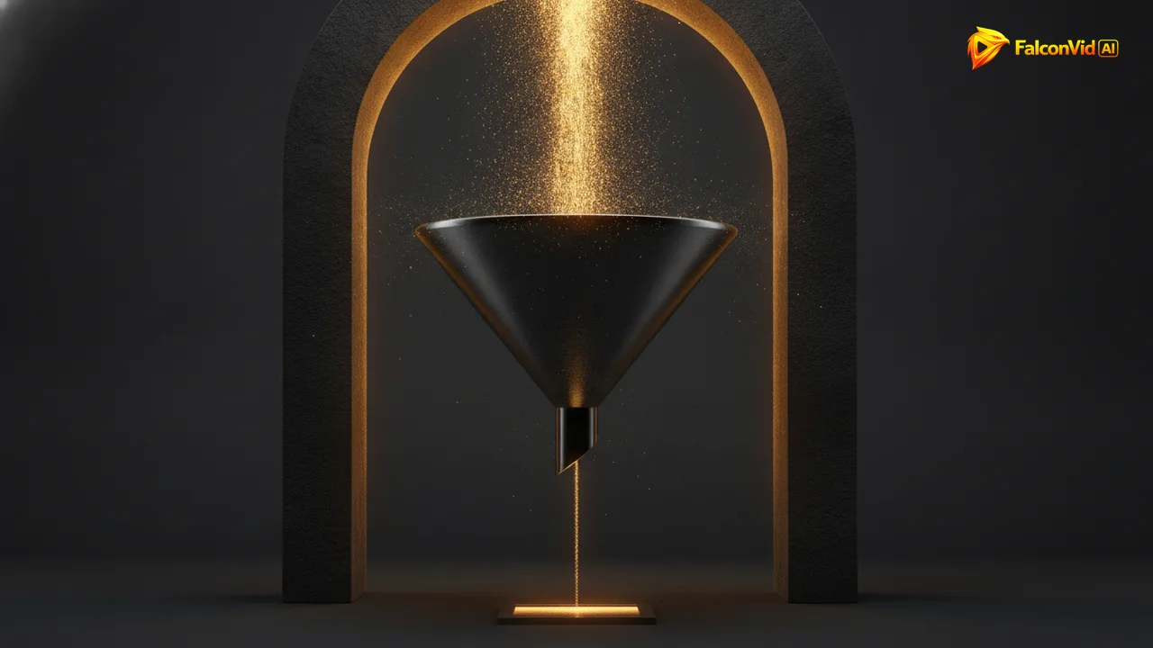 A wide stream of golden particles pouring into a funnel while a single thin thread of light leaves the bottom toward a small dim horizontal panel.