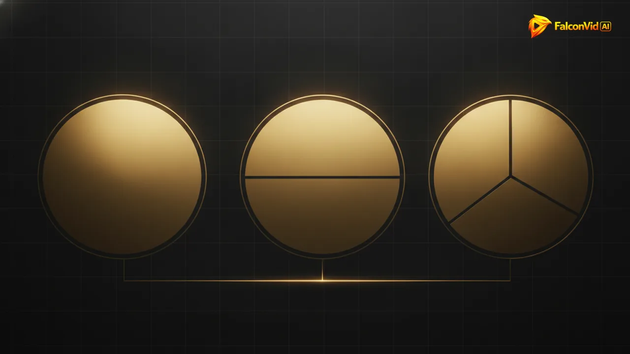 Three golden circles in a row, the first whole, the second split in half with one half dimmed, the third split in three with two parts dimmed.