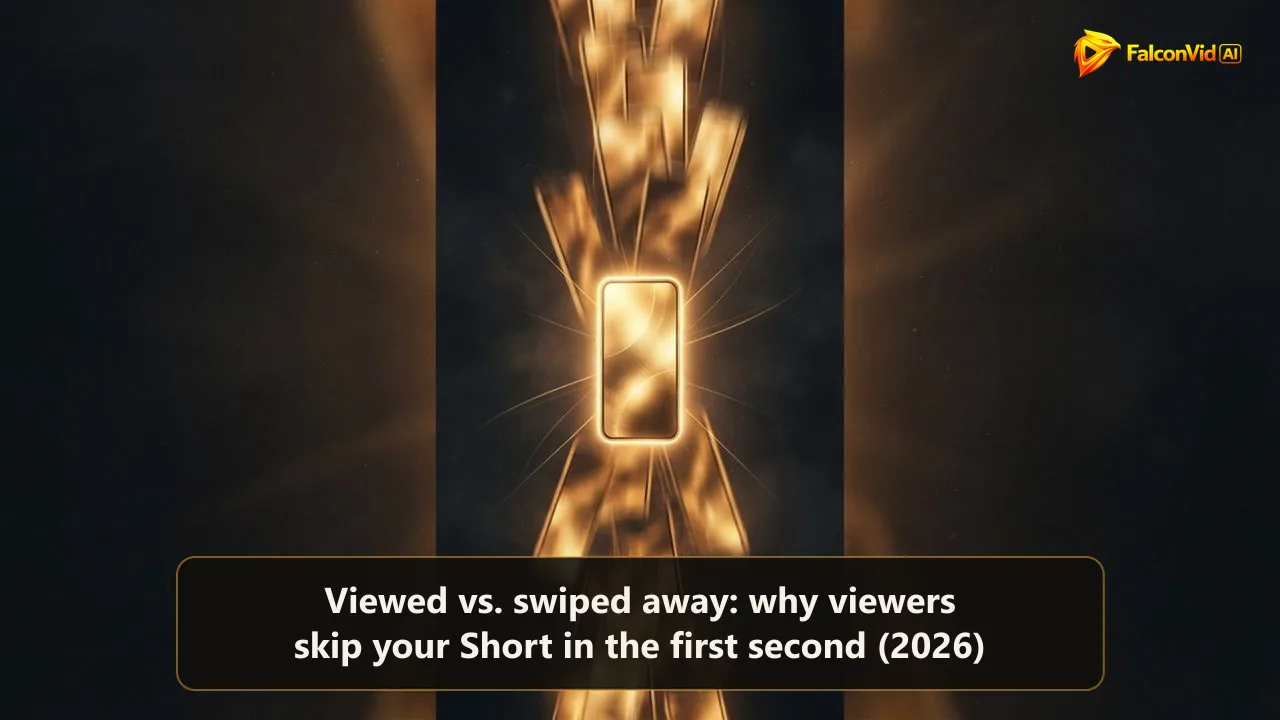 A vertical feed of golden phone-shaped frames sliding away upward as blurred streaks, with one frame held still and glowing in the center, the Short that was viewed instead of swiped away