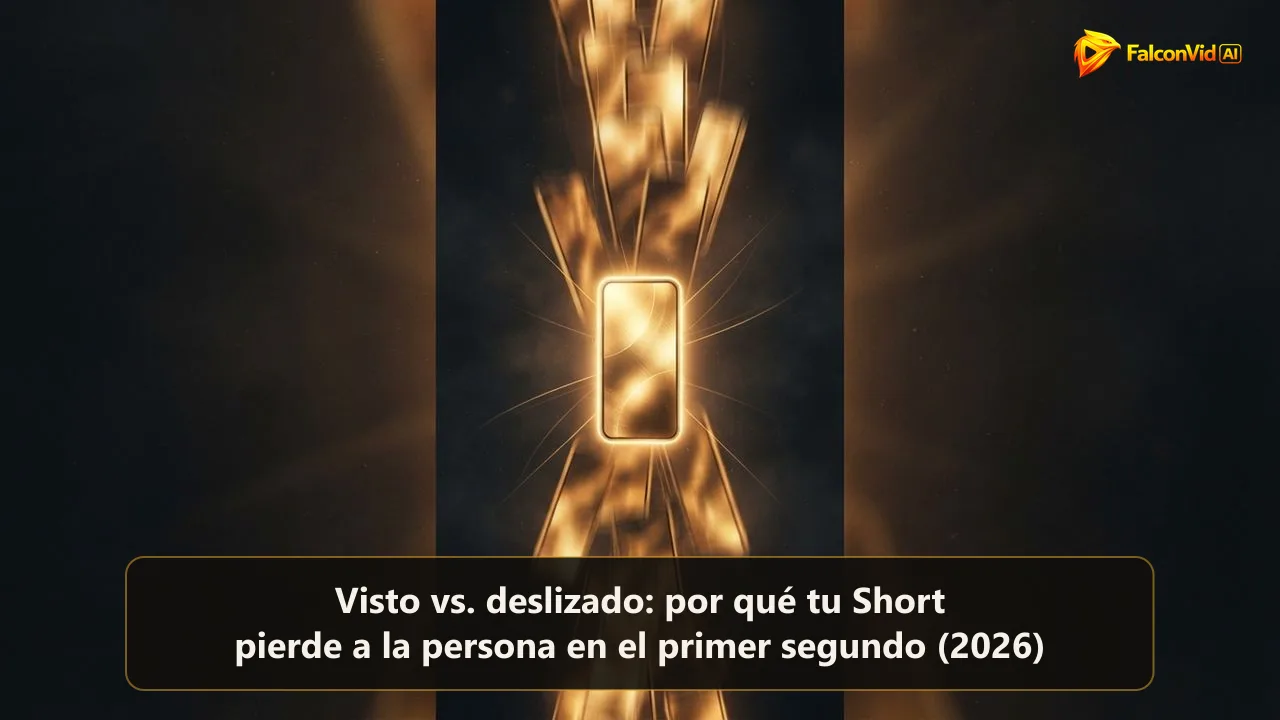 Un feed vertical de marcos dorados con forma de teléfono deslizándose hacia arriba como estelas borrosas, con un marco quieto y brillante en el centro, el Short que fue visto en lugar de deslizado