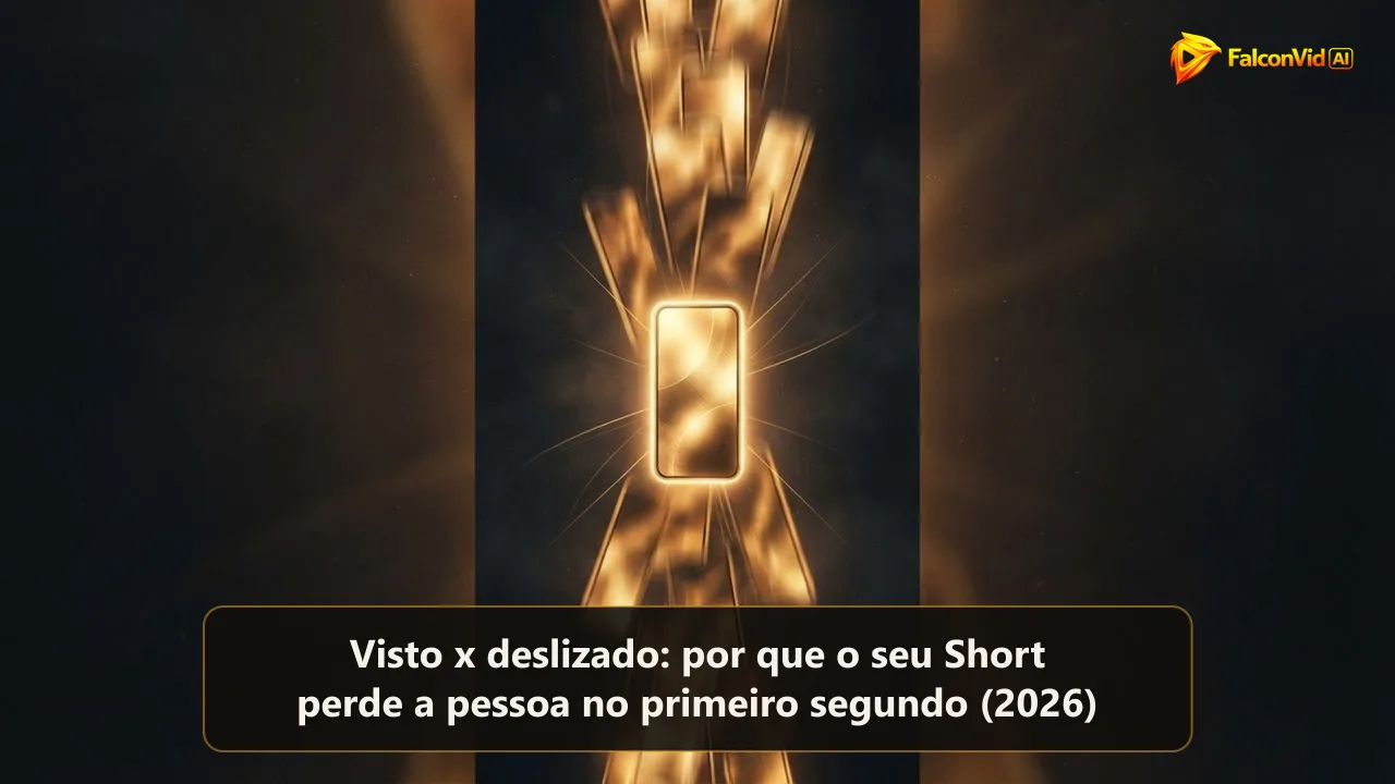 Um feed vertical de quadros dourados em formato de celular deslizando para cima como rastros borrados, com um quadro parado e brilhando no centro, o Short que foi visto em vez de deslizado