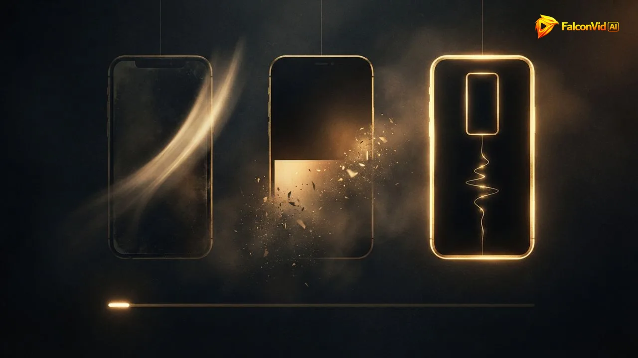 Tres marcos dorados con forma de teléfono, uno oscuro y deslizado, uno deshaciéndose y uno nítido y brillante con el sonido empezando en el primer instante, la diferencia entre una apertura que pierde a la persona y una que retiene