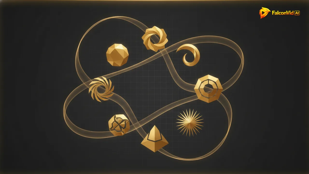Ten small golden shapes in a circle with a ribbon of light looping through them to form a much larger band.