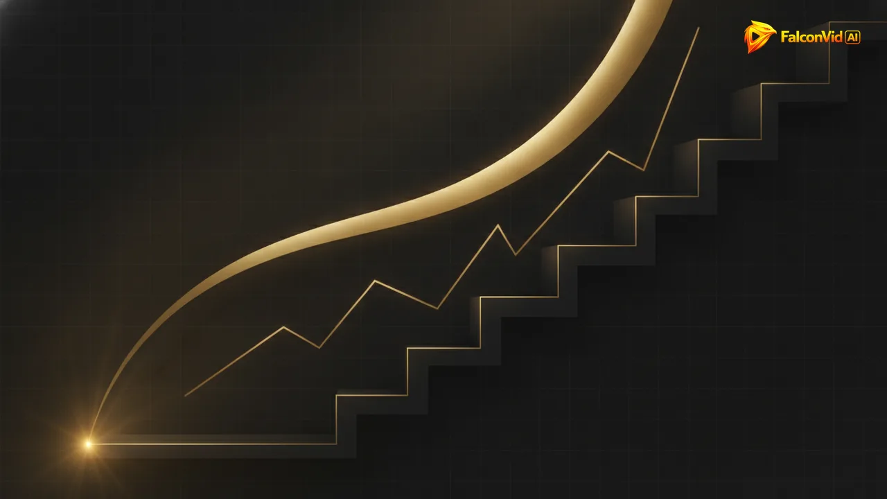Curva dorada suave junto a una línea en escalera con saltos bruscos, ambas desde el mismo punto, como el número abreviado de suscriptores se vuelve escalones