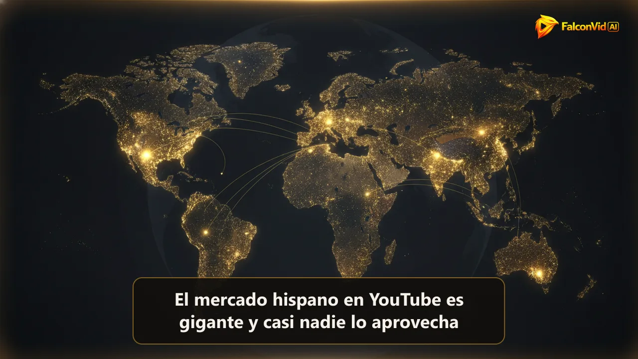 Un globo dorado sobre una mesa oscura con las regiones de habla hispana de América y España encendidas como puntos de luz conectados.
