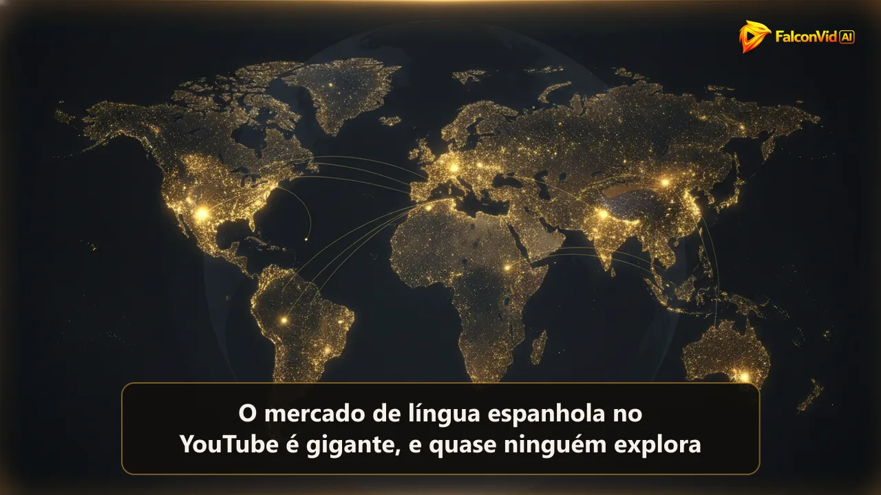 Um globo dourado sobre uma mesa escura com as regiões de língua espanhola das Américas e a Espanha acesas como pontos de luz conectados.