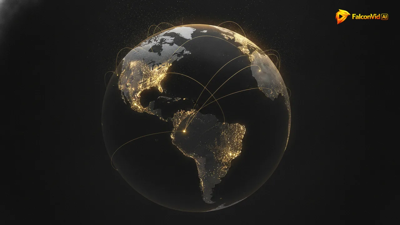 An abstract glowing golden globe with the Spanish speaking regions of the Americas and Spain lit as connected points of light on a charcoal background.