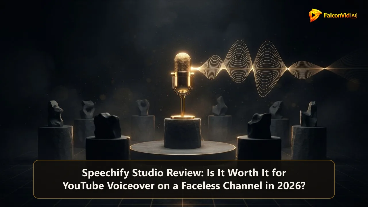 A single golden microphone glowing on a dark stage with a clean sound wave, surrounded by seven empty unlit pedestals holding unfinished shapes, a voice ready and the rest of the video still waiting