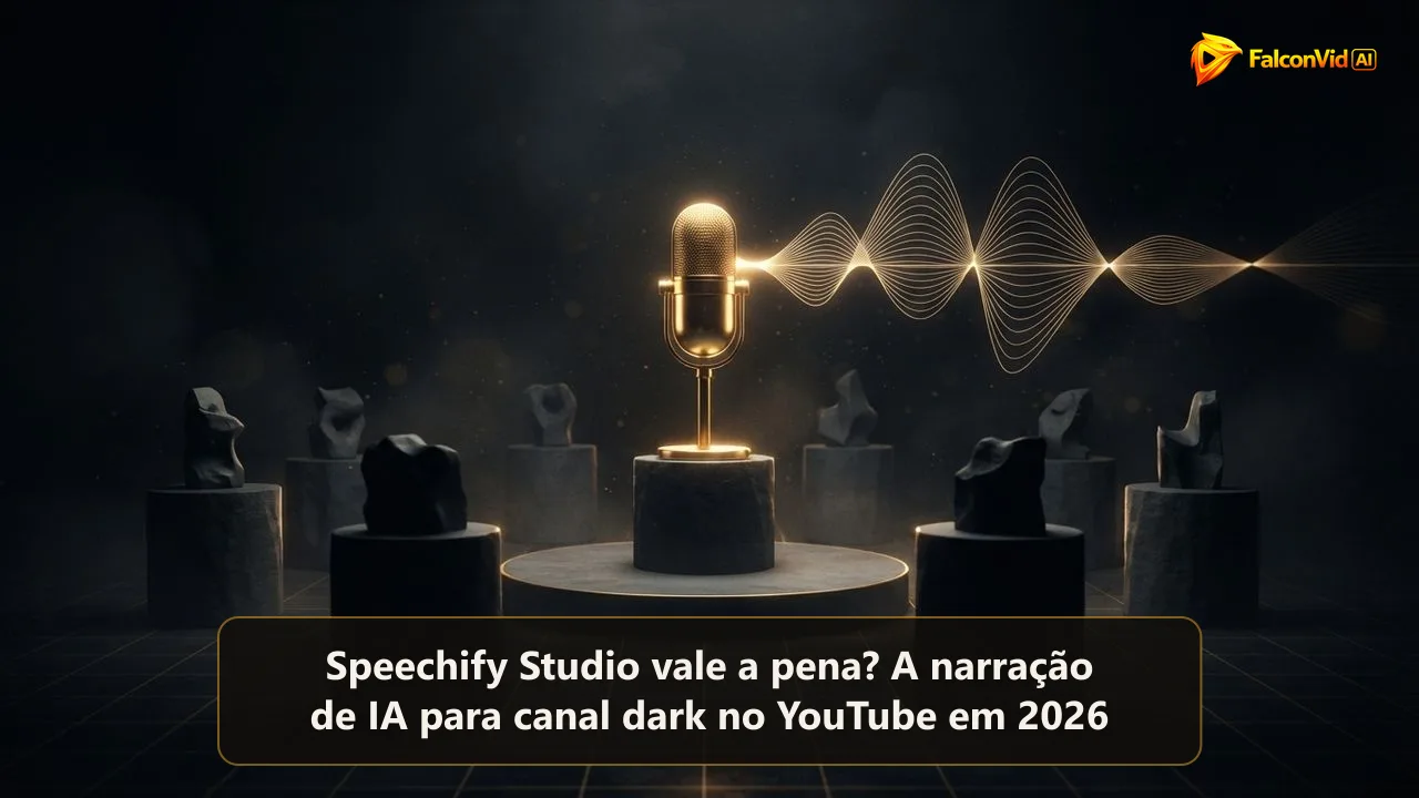 Um microfone dourado brilhando sozinho num palco escuro com uma onda sonora limpa, cercado por sete pedestais apagados com formas inacabadas, a voz pronta e o resto do vídeo ainda esperando