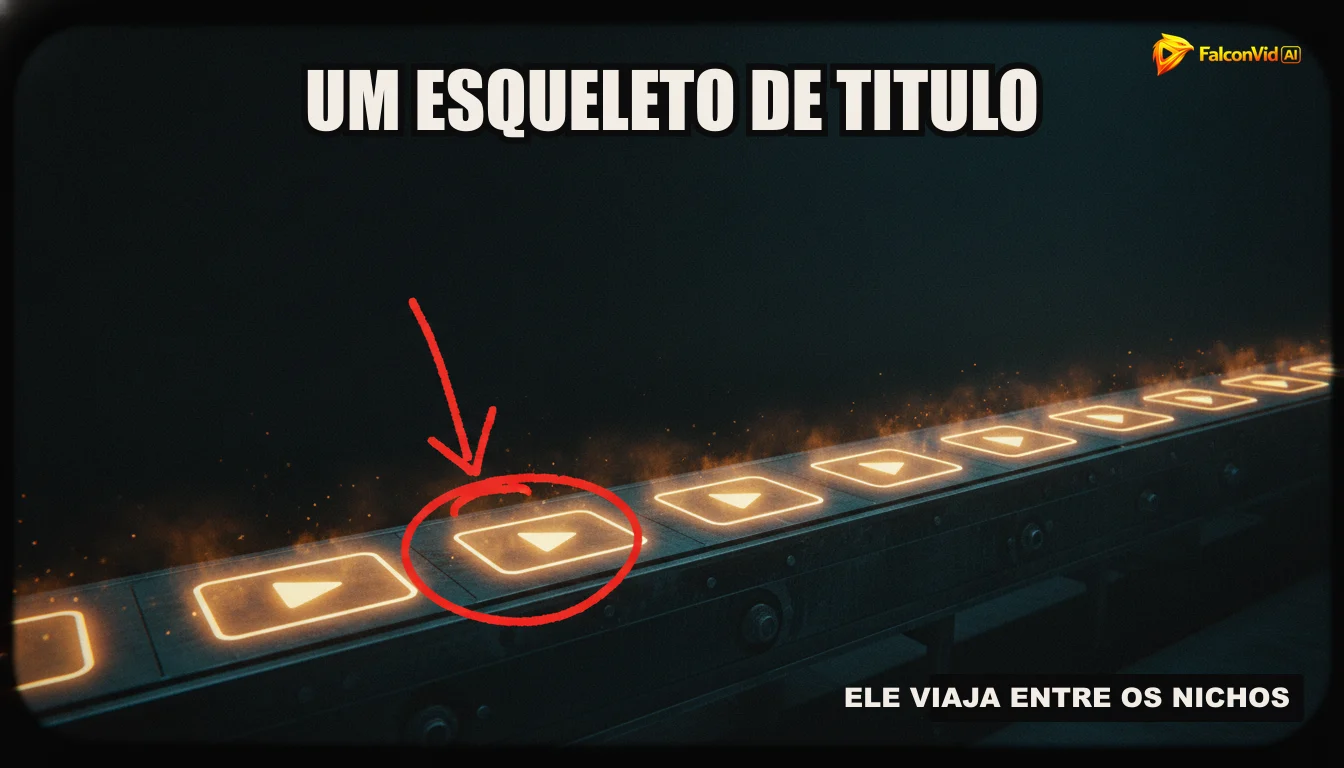 Uma ilustração de uma linha de produção automatizada de vídeos, com engrenagens e robôs trabalhando em pesquisa, roteiro, narração e edição.