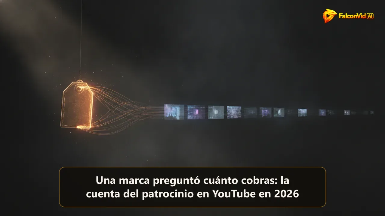 Ilustración editorial oscura de una etiqueta de precio ámbar unida por hilos de luz a una fila de pequeños cuadros de video