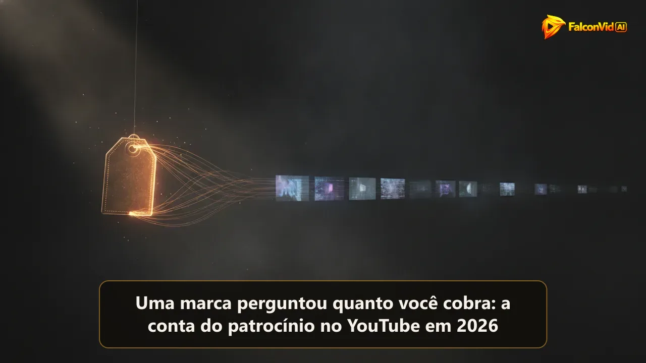 Ilustração editorial escura de uma etiqueta de preço âmbar ligada por fios de luz a uma fileira de pequenos quadros de vídeo