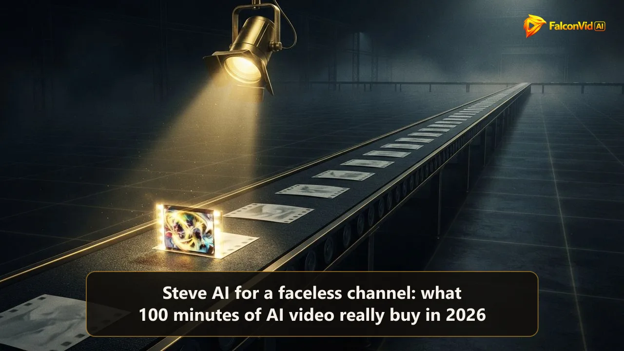 A long conveyor of flat paper-like golden film frames with only one small frame glowing with living motion, minutes of video against minutes of generated footage