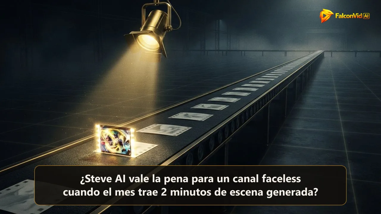 Una cinta larga de cuadros dorados planos como papel recortado, con un solo cuadro pequeño brillando en movimiento, minutos de video contra minutos de escena generada