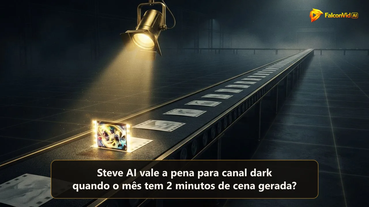 Uma esteira longa de quadros dourados chapados como papel recortado, com só um quadro pequeno brilhando em movimento, minutos de vídeo contra minutos de cena gerada