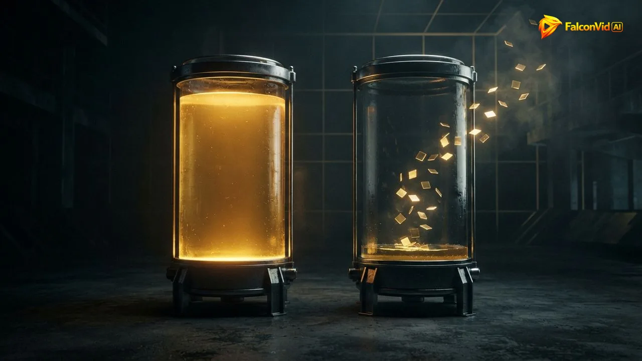 Two glass tanks, one full of golden liquid and one with only a thin layer at the bottom, minutes of video against minutes of generated footage
