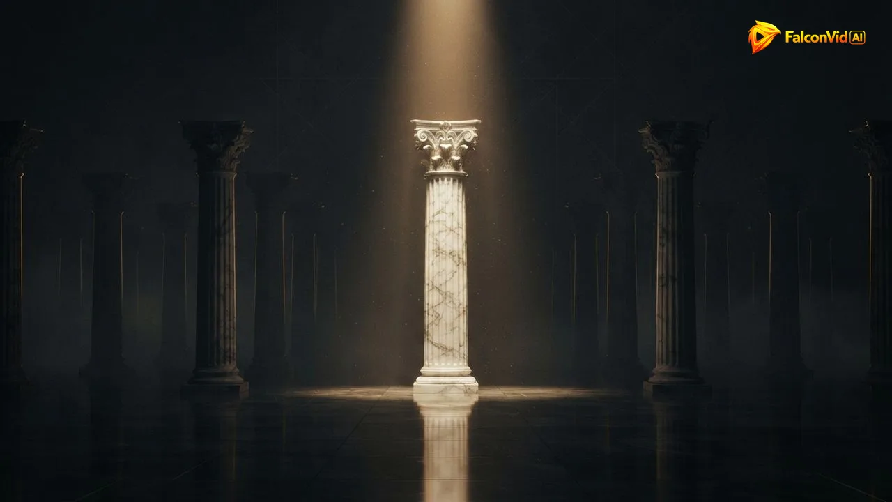 A single lit Greek column in a dark hall surrounded by unlit columns