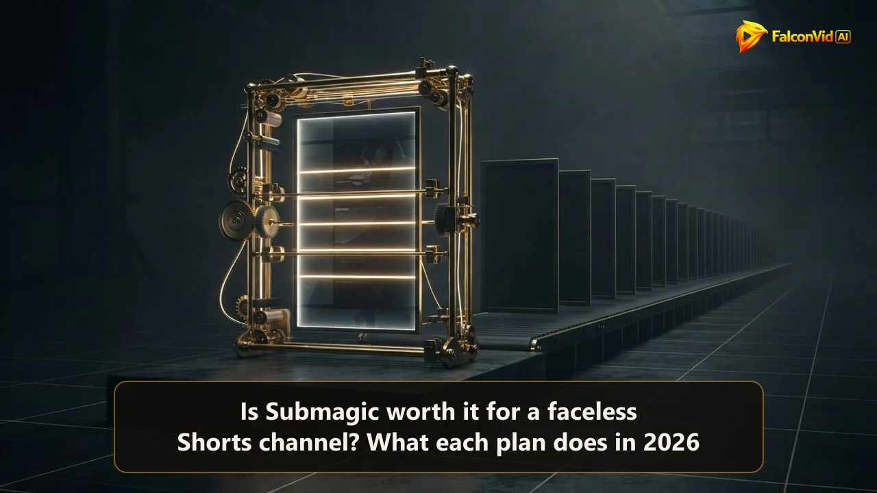 A golden editing frame polishing a single vertical video panel while a long conveyor of empty vertical panels waits in the dark, an editor facing a faceless channel with no footage yet