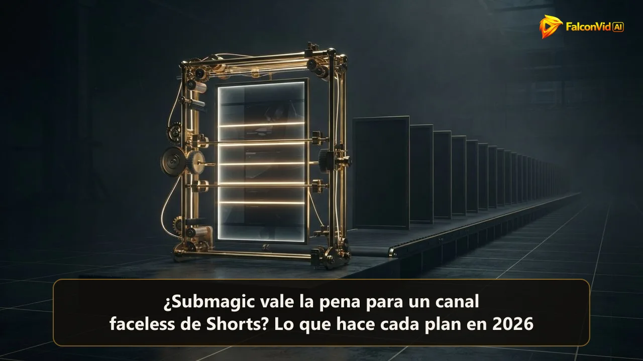 Un marco dorado de edición puliendo un único panel de video vertical mientras una cinta larga de paneles verticales vacíos espera en la oscuridad, un editor frente a un canal faceless que todavía no tiene video