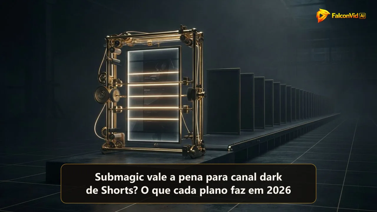 Uma moldura dourada de edição polindo um único painel de vídeo vertical enquanto uma esteira longa de painéis verticais vazios espera no escuro, um editor diante de um canal dark que ainda não tem vídeo