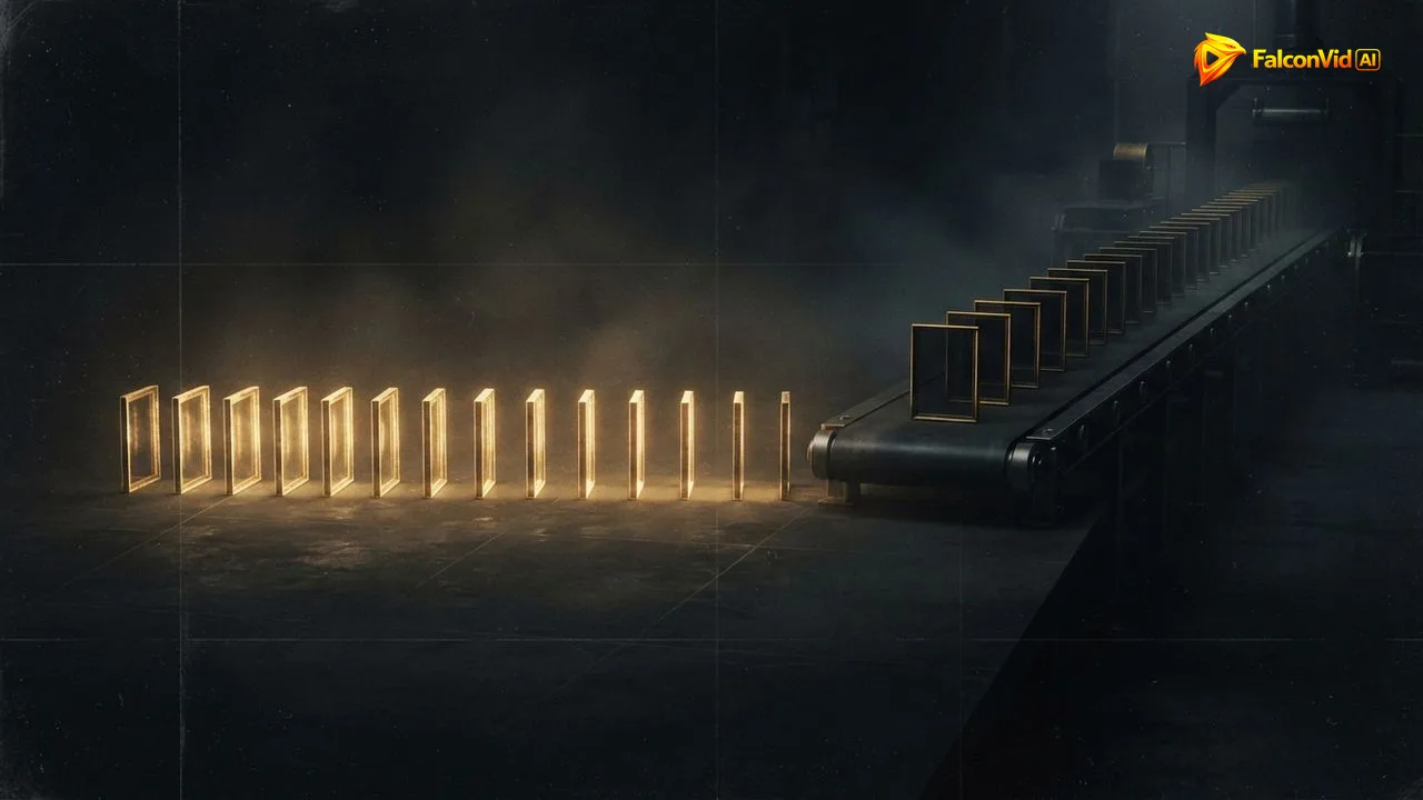 A short row of fifteen glowing golden vertical frames beside a long conveyor of unlit vertical frames, Submagic Starter's 15 videos a month against the rhythm of a Shorts channel