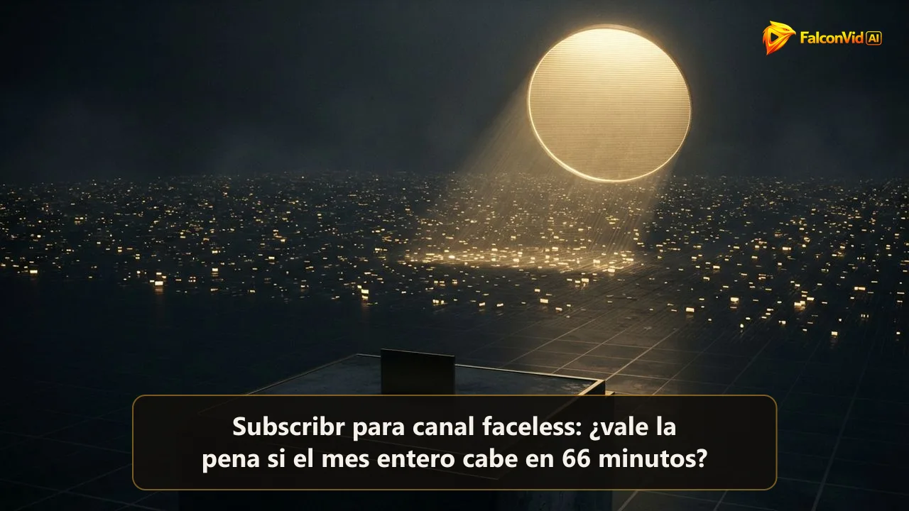 Una lente dorada que recorre una constelación inmensa de pequeños rectángulos encendidos mientras un rectángulo pequeño espera apagado en un pedestal, datos del nicho frente a tu propio canal
