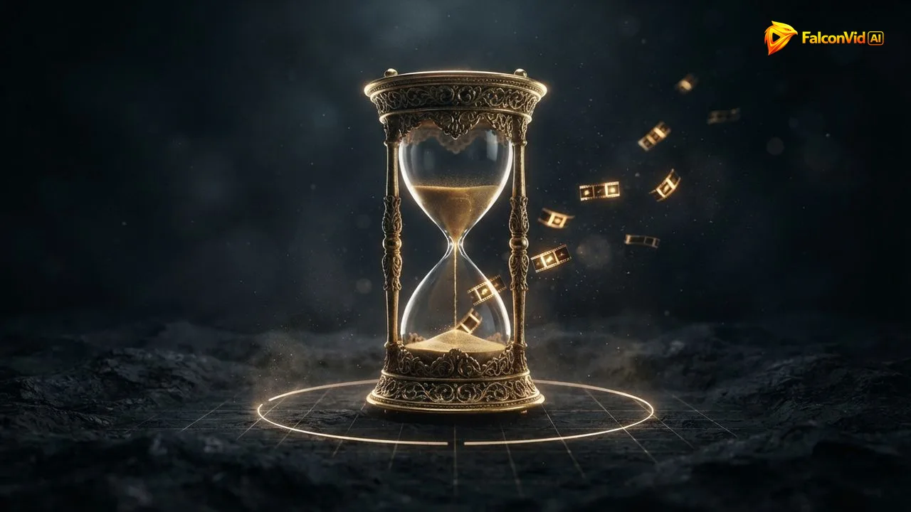 A golden hourglass almost empty while short strips of film drift out of it, a monthly pool of minutes draining into a few videos