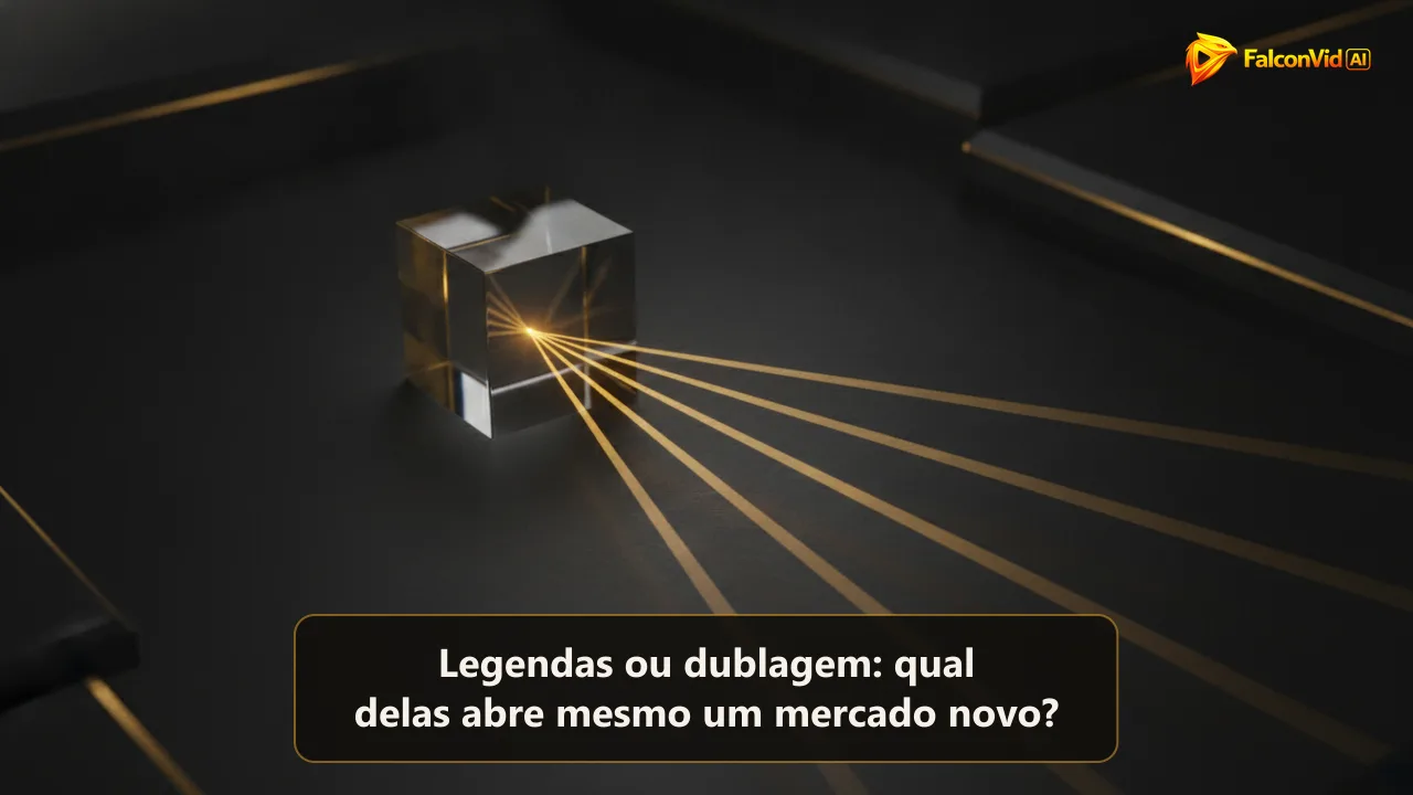Um único feixe de luz dourada atravessando um prisma e se dividindo em vários feixes dourados que se abrem sobre uma superfície escura.