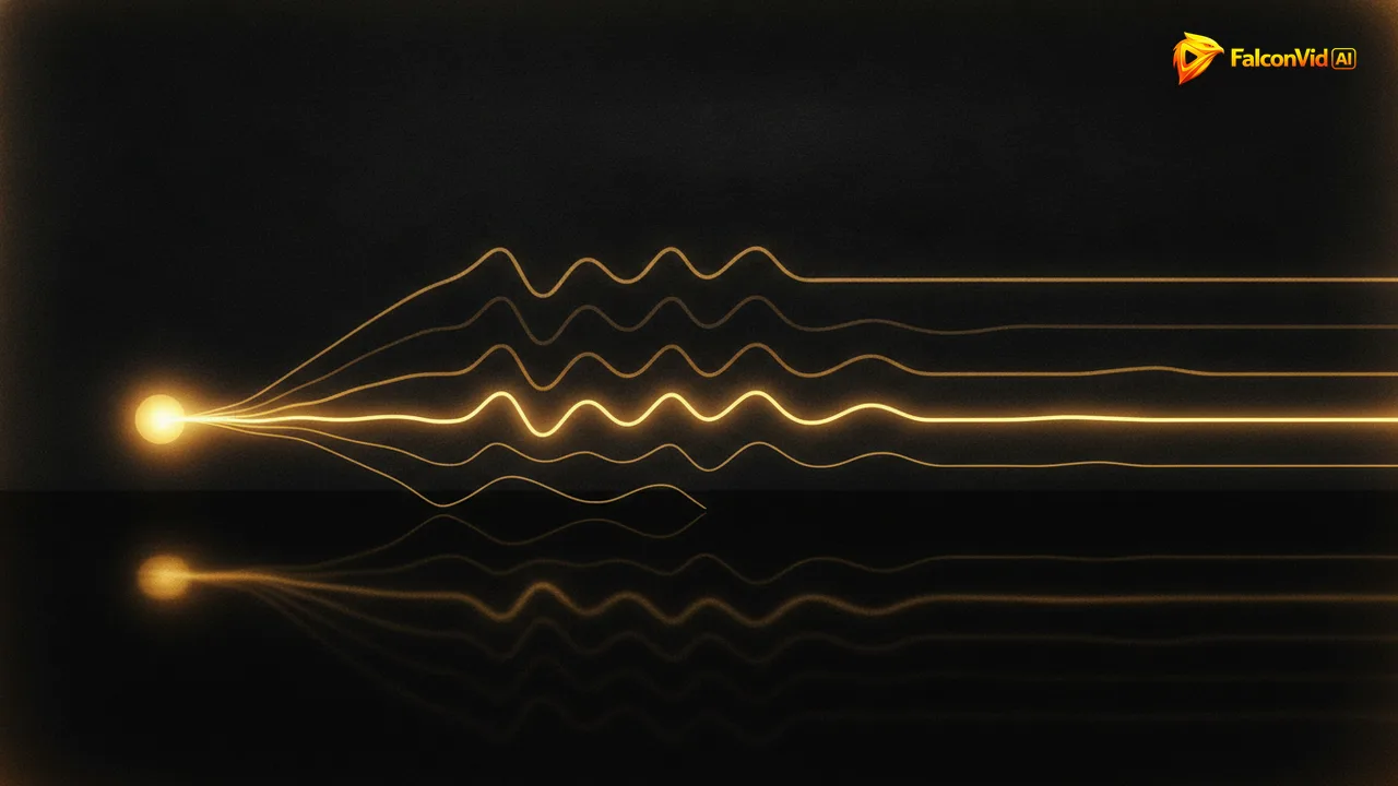 Several parallel golden waveforms stacked above one another, all sharing the same shape but glowing at different intensities, joined at the left by one bright node.