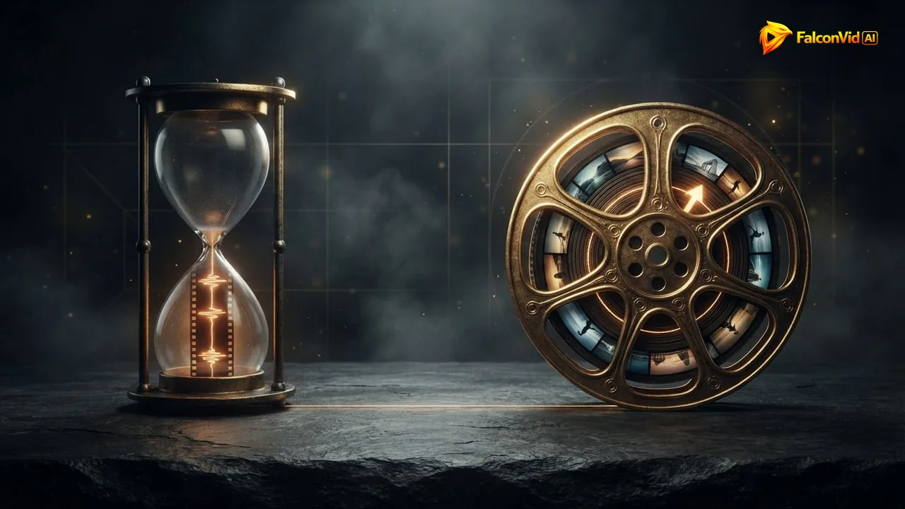 A nearly empty golden hourglass holding one short strip of film beside a complete golden reel with scenes, music and captions woven in, minutes of presenter against a finished video