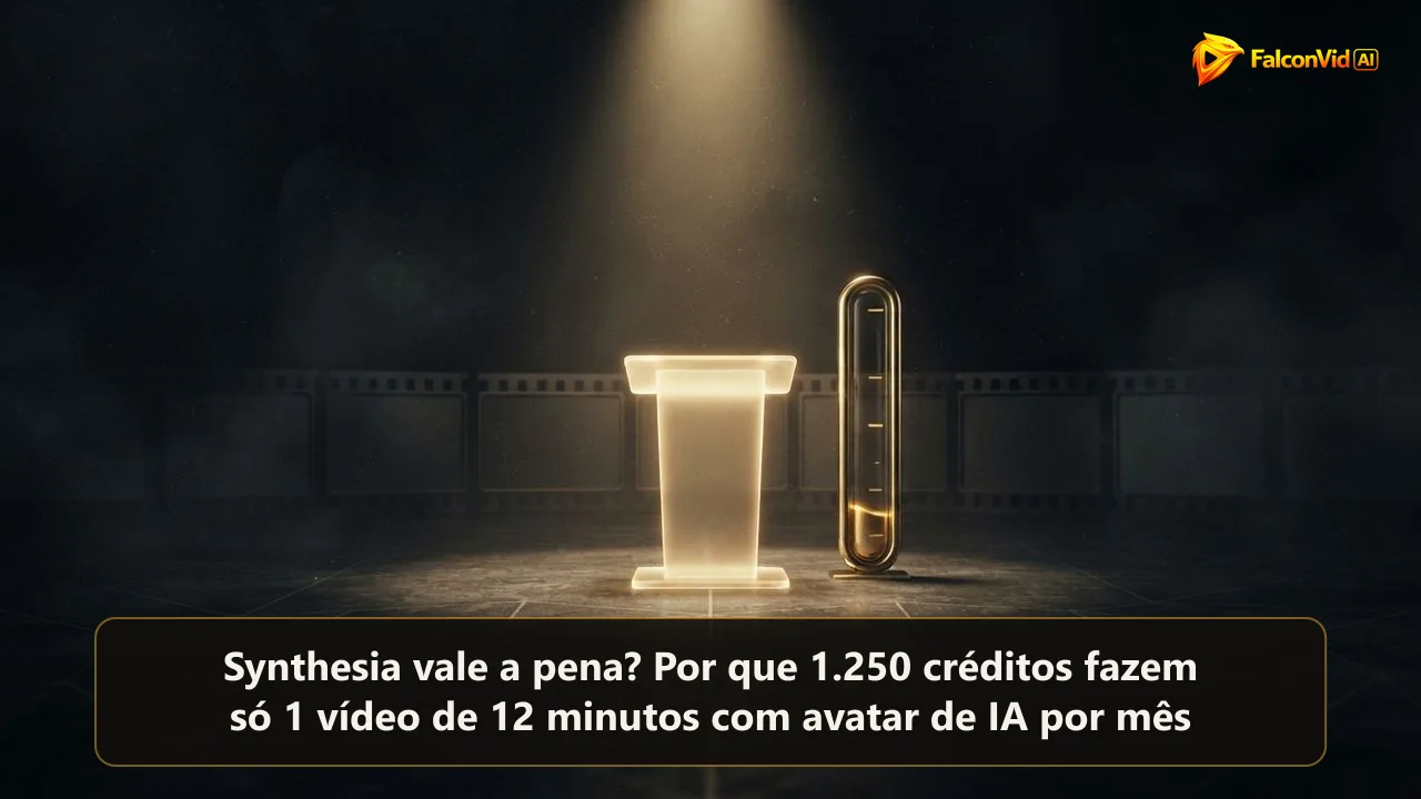 Um holofote dourado sobre um púlpito vazio feito de luz ao lado de um medidor dourado se esvaziando, minutos de apresentador acabando num palco escuro